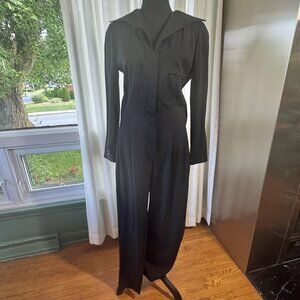 Vintage 1980s jumpsuit, black, pure wool, wide lapels, by Krizia Italy